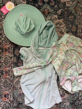 Ruffle Butts Aqua Floral Girls Swim Set with Sun Hat
